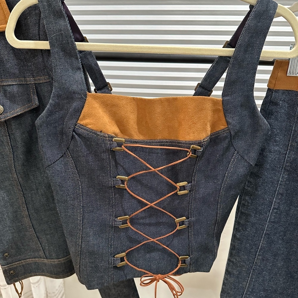 Vintage & Rare Custom Denim Corset-like Top w/Ultra Suede